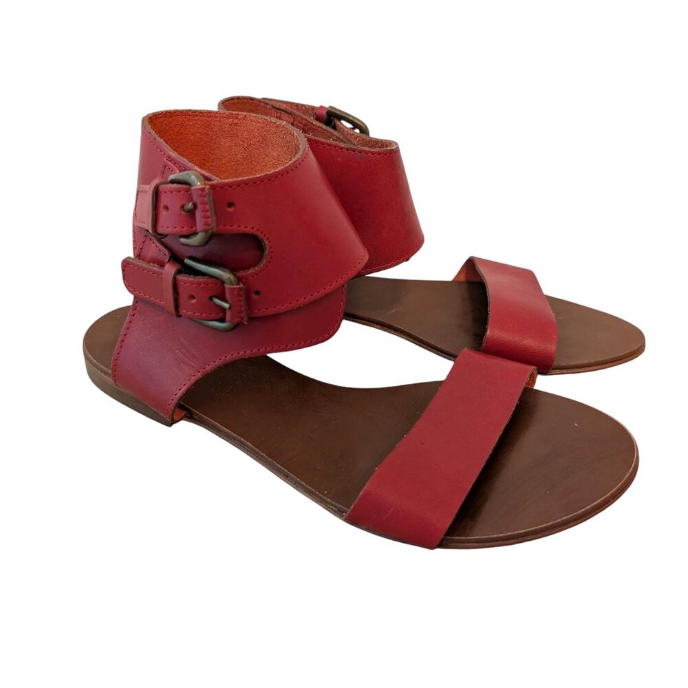 J Crew Womens Size 7 Red Leather Double Buckle Ankle Strap Flat Summer Sandal